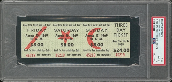 1969 Woodstock Three Day Full Ticket - PSA GEM MT 10